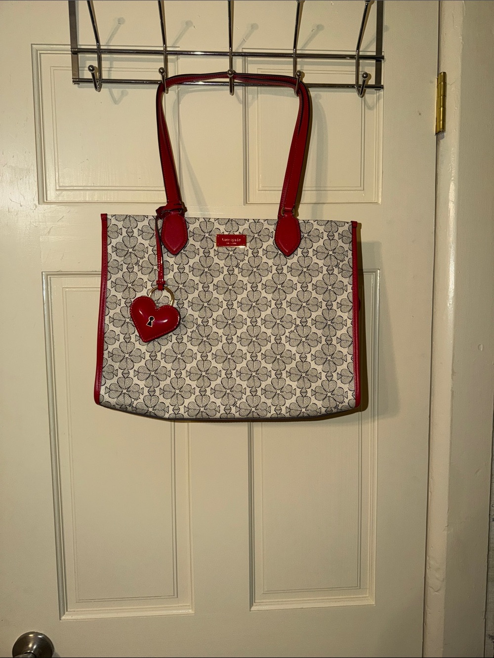 kate spade Cream Floral Logo Tote with Red Trim